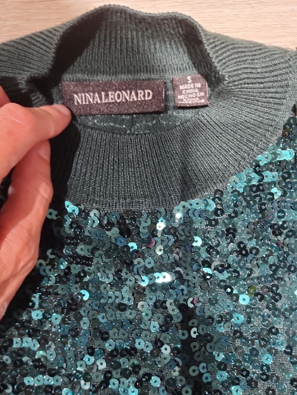 Nina Leonard Dark Green Sequin-Yoke Long Sleeve Knit Dress Small - Picture 2 of 5